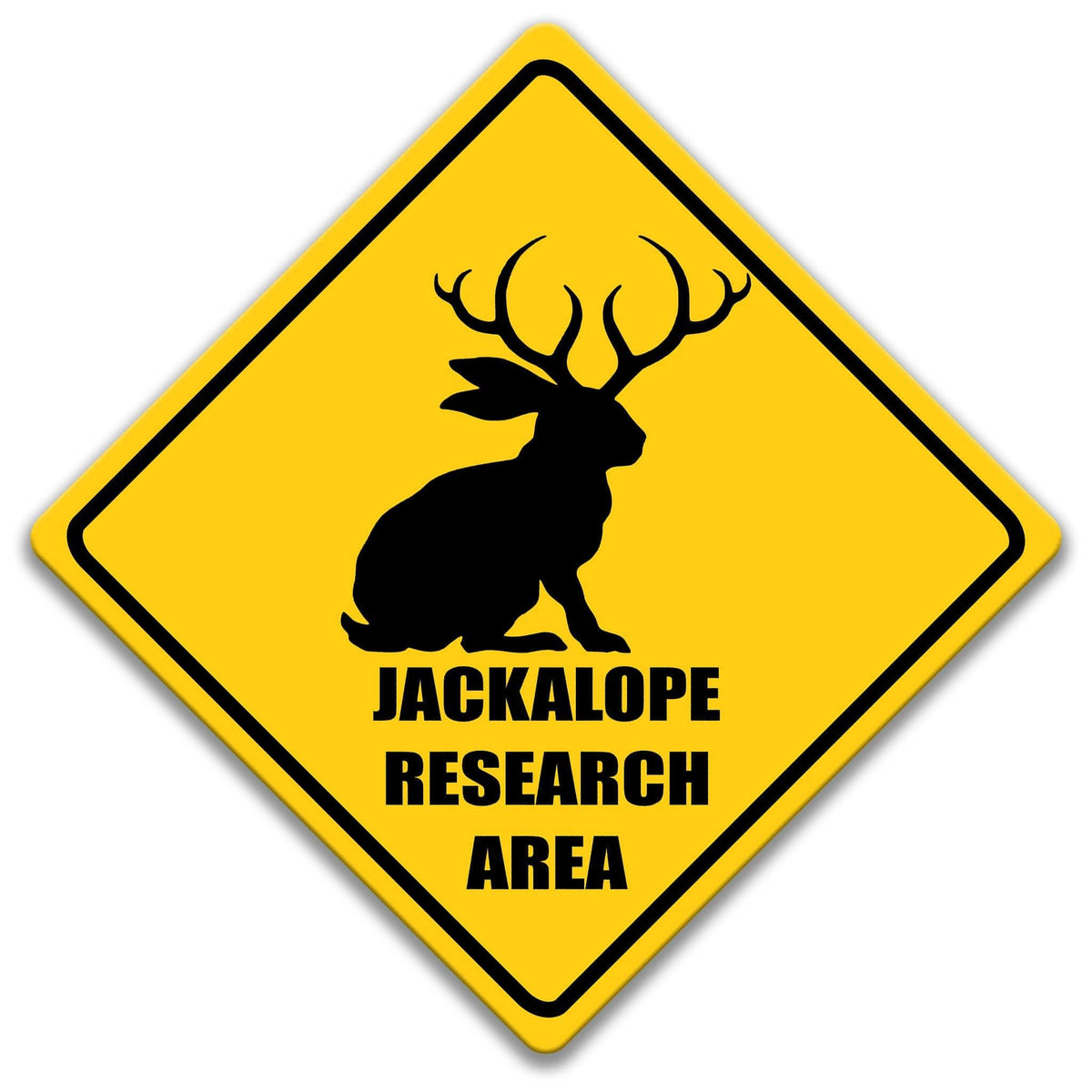 A yellow diamond-shaped sign with a black silhouette of a rabbit or hare and the text "JACKALOPE RESEARCH AREA" printed on it.
