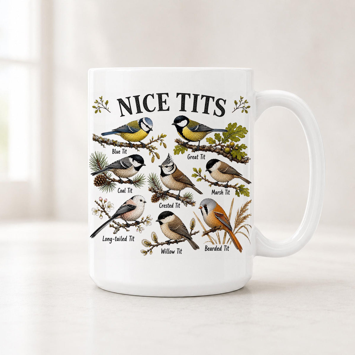 15 oz Nice Tits mug showing eight labeled tit species, including blue tit, great tit and bearded tit, on branches