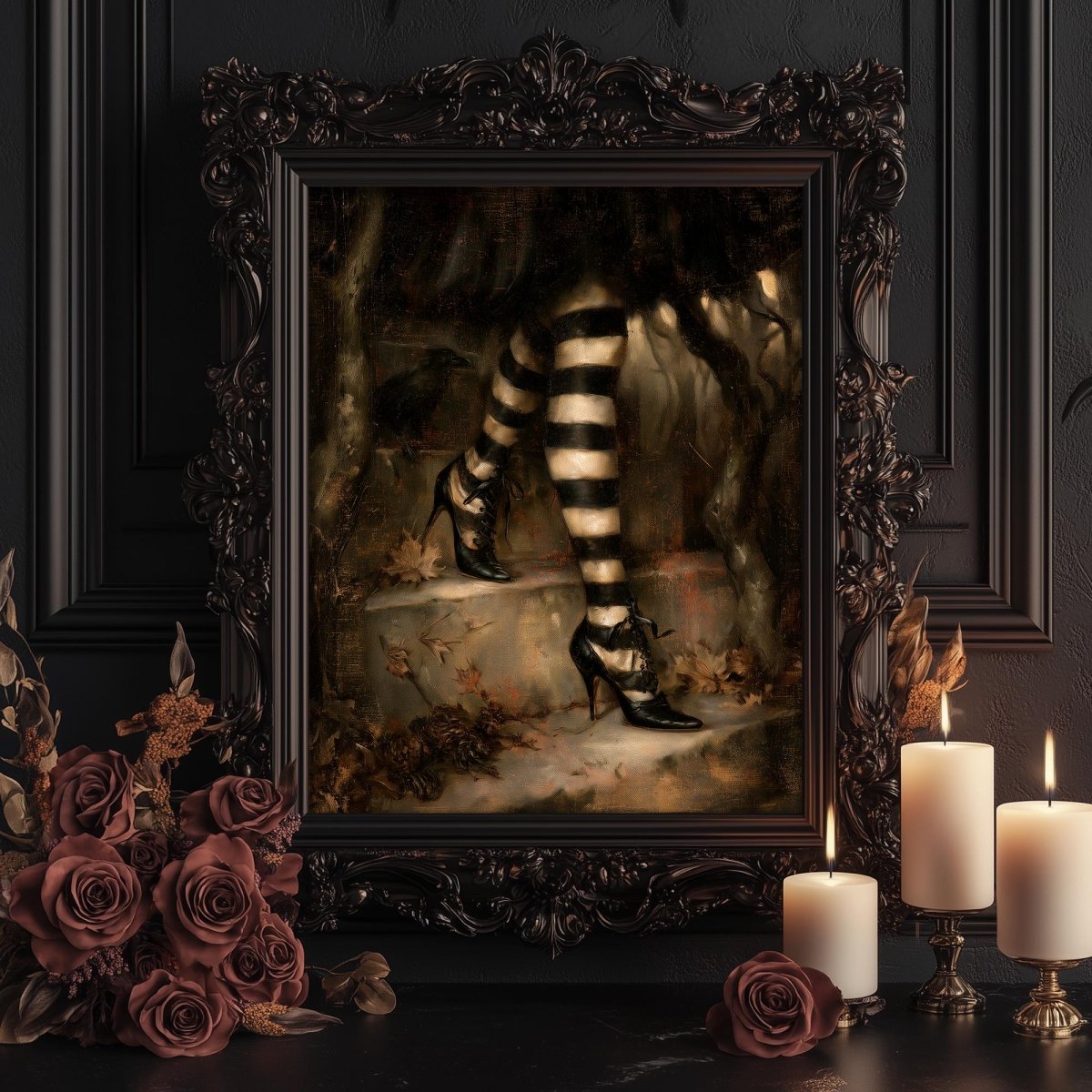 Striped stockings print shown framed for display among candles and dark roses