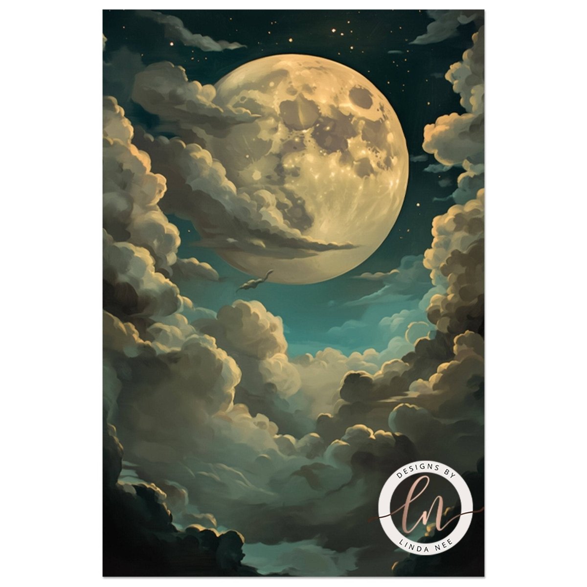 Full moon with a bat in sage green and cream toned clouds