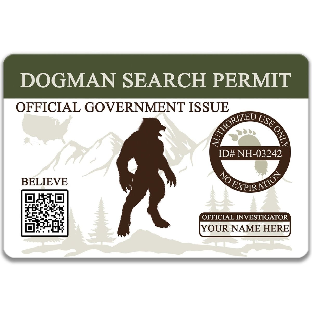 The image is a search permit for a dogman, featuring a silhouette of a werewolf and a mountain landscape.