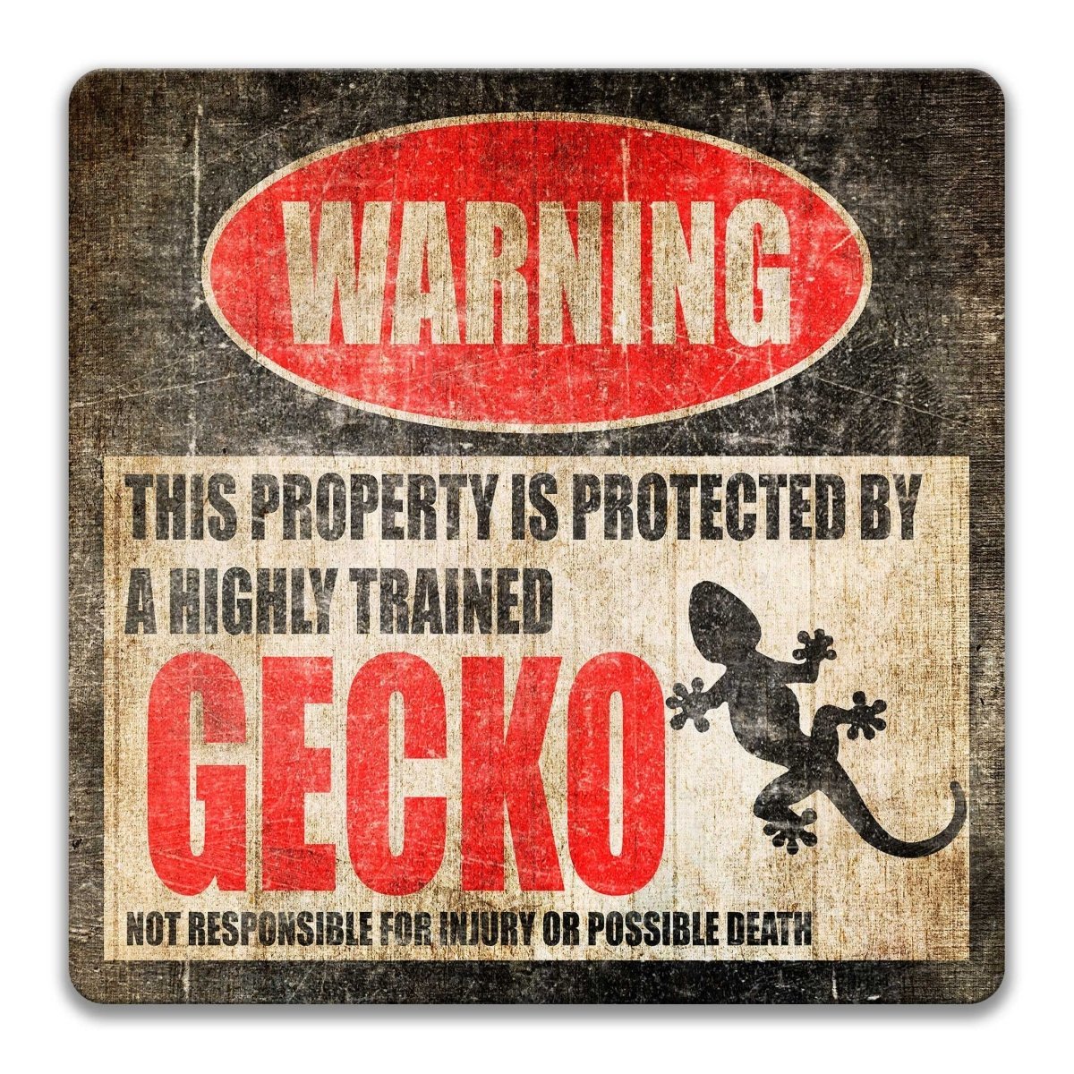 Gecko warning sign, red WARNING banner and large gecko silhouette, funny Gecko lover gift, aluminum with rounded corners