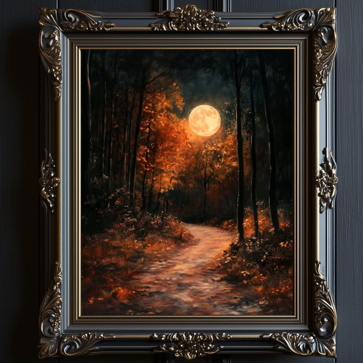 Warm golden moon glowing over a red and orange autumn forest path