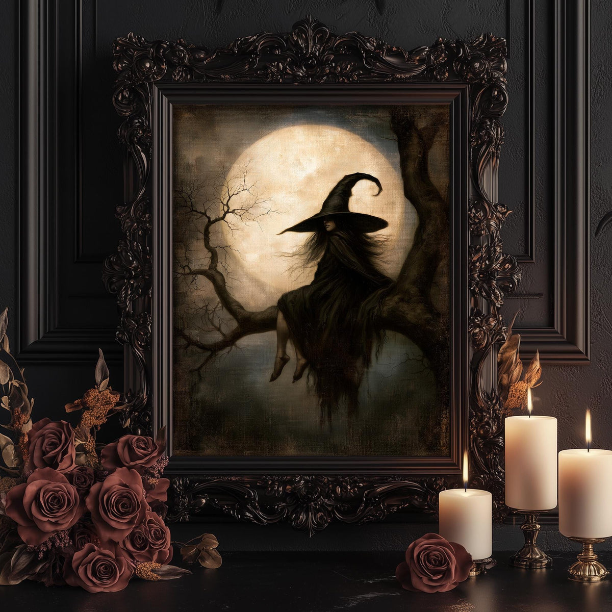 Moonlit witch artwork displayed among candles and dark roses