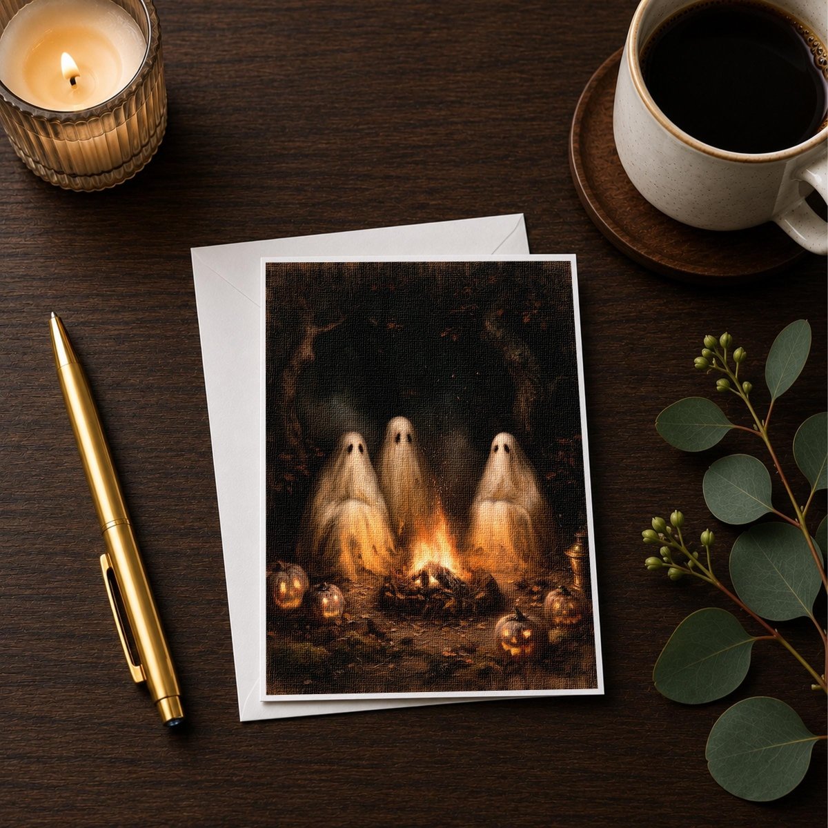 Ghost campfire Halloween note card styled with pumpkins and a candle against a dark background