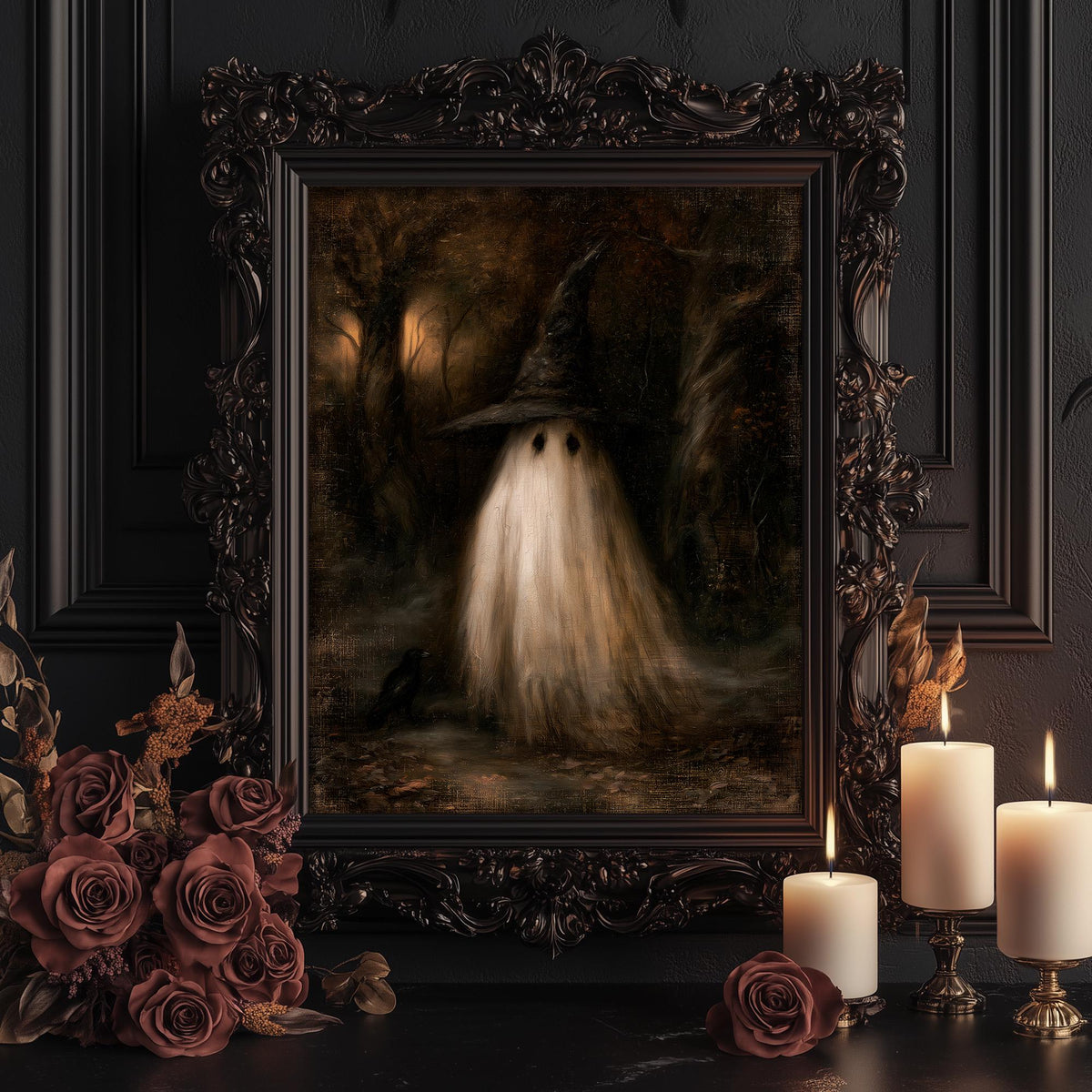 Ghost in a witch hat print shown framed for display among candles and dark roses