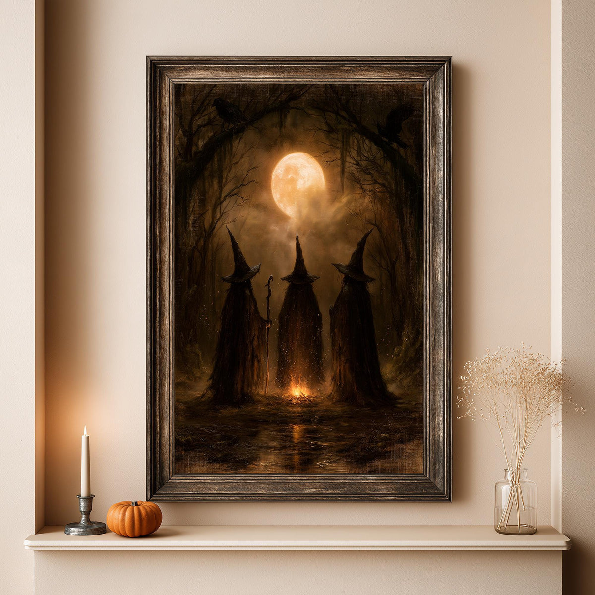 Full artwork view of the three witches and the fire glow in the dark forest