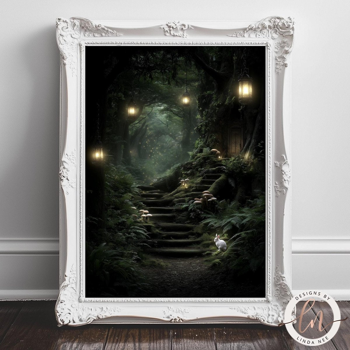 A white-framed painting depicting a serene forest scene with a winding path leading up to a small wooden cabin nestled among the trees, with mushrooms growing on the forest floor.