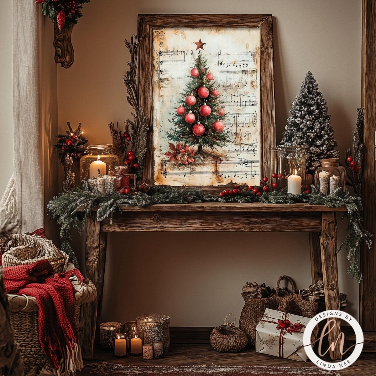 Christmas tree and carols print styled on a table with candles and pine cones