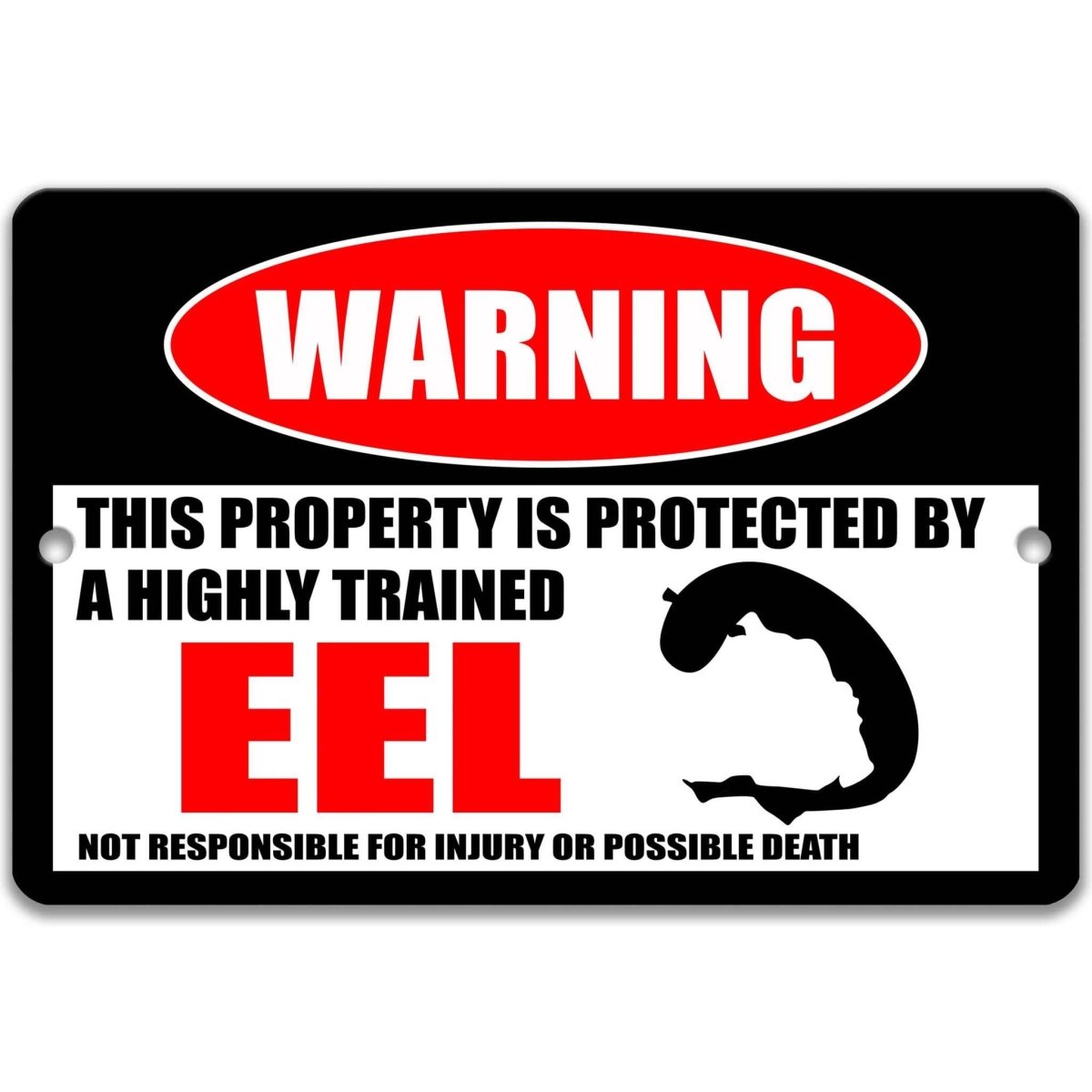 Eel warning metal sign, glossy black, red WARNING oval and curled eel silhouette