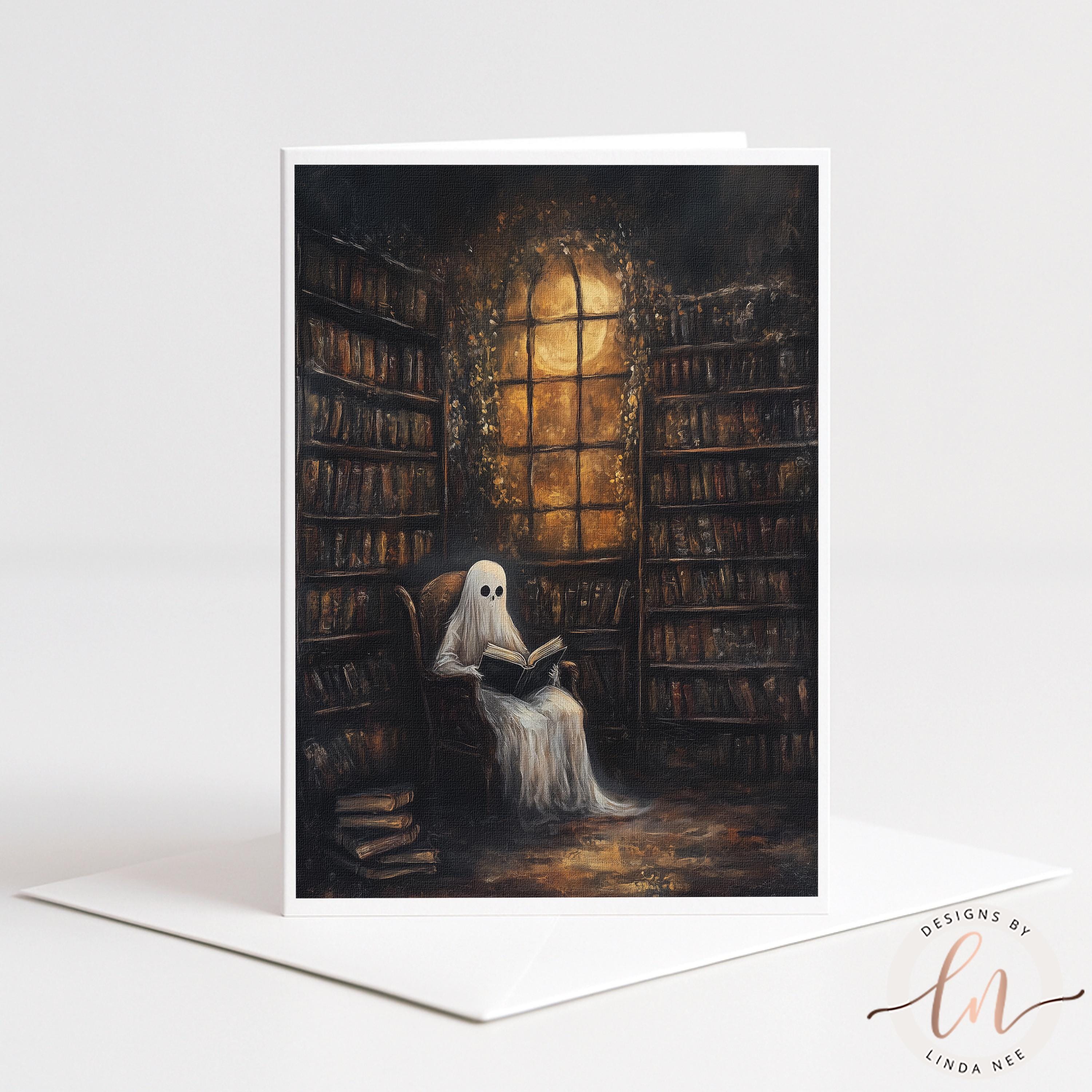 a ghost sitting in a chair in a library, reading a book.