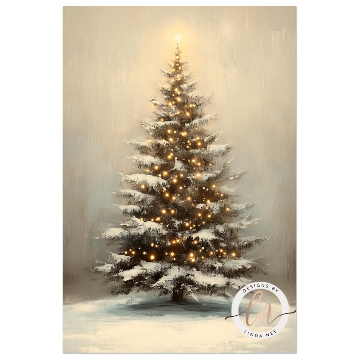 Decorated Christmas tree glowing with lights in an open snowy landscape