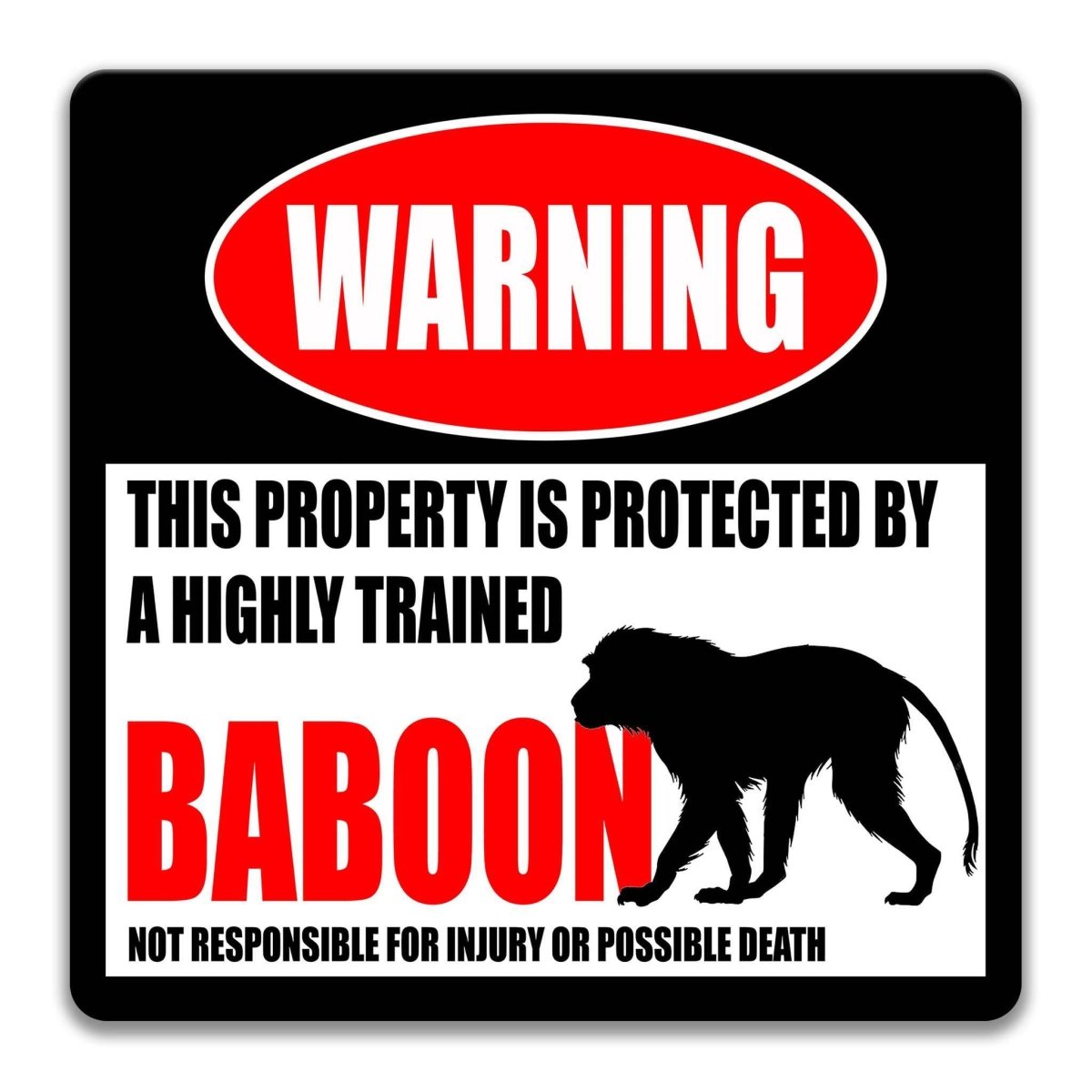 Square baboon warning metal sign, black background with red WARNING banner and baboon silhouette