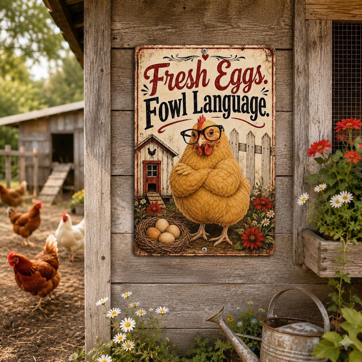 A sign on a wooden wall that reads "Fresh Eggs Fowl Language" with a cartoon chicken wearing glasses and surrounded by flowers and chickens in a farm setting.