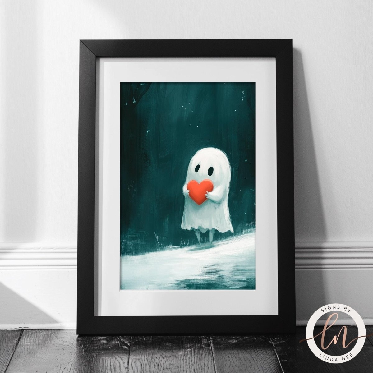 A ghost holding a red heart stands in a dark forest, surrounded by a snowy landscape.