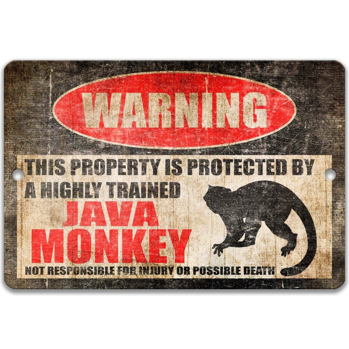 Java monkey tropical welcome sign, distressed metal, highly trained Java monkey joke with long-tailed macaque silhouette