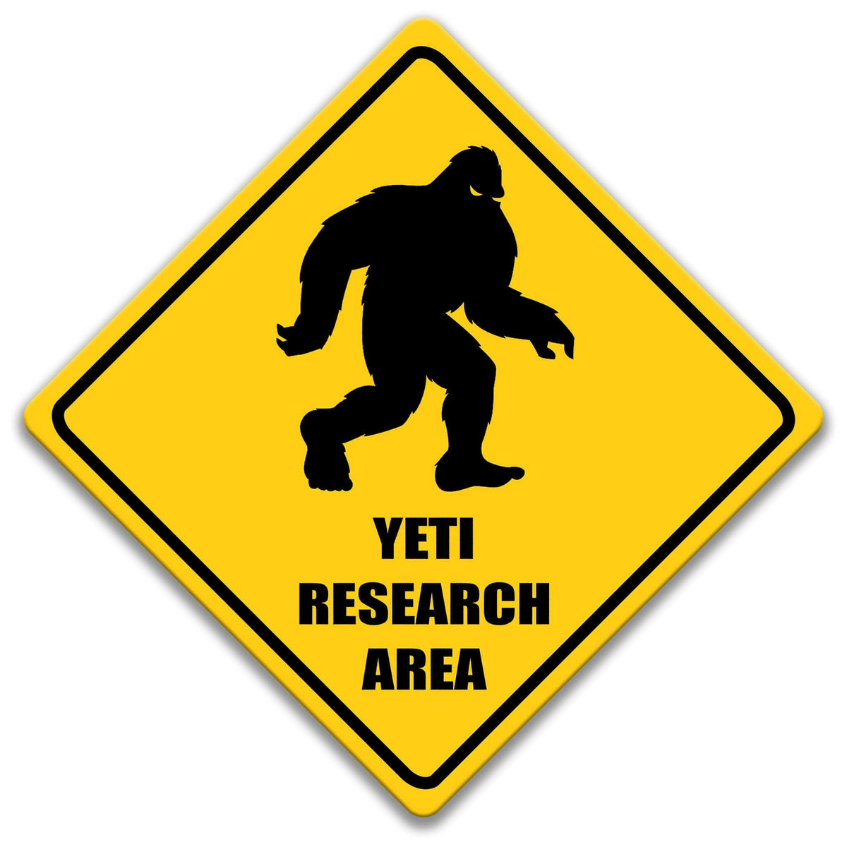 a yellow diamond-shaped sign with a silhouette of a large, furry creature, likely a Yeti, and the text "YETI RESEARCH AREA" below it.