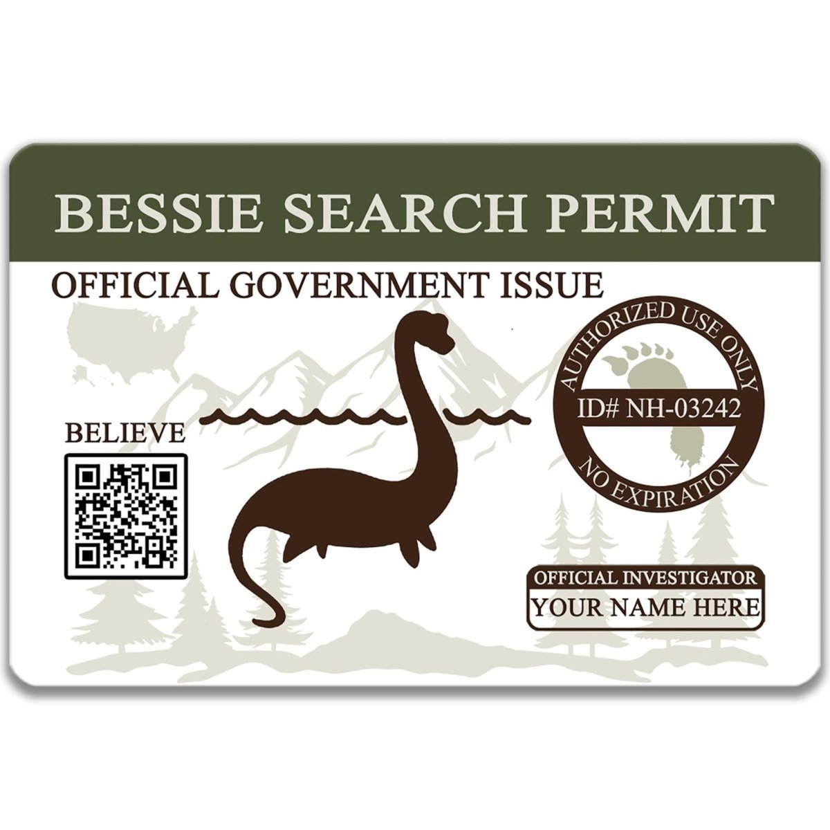 The image is a search permit for a Nessie, a mythical sea creature, with a QR code and a barcode.