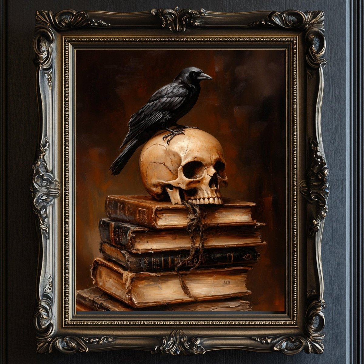 Black raven perched atop a skull set upon a stack of old books