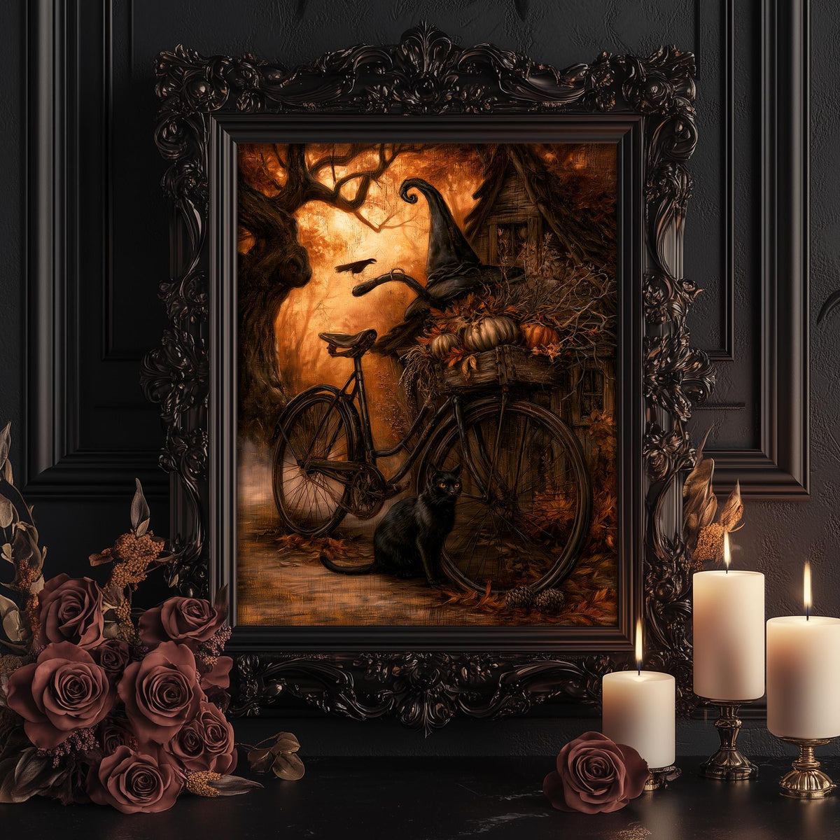 Witch's bicycle art print shown framed against a dark backdrop with candles and roses