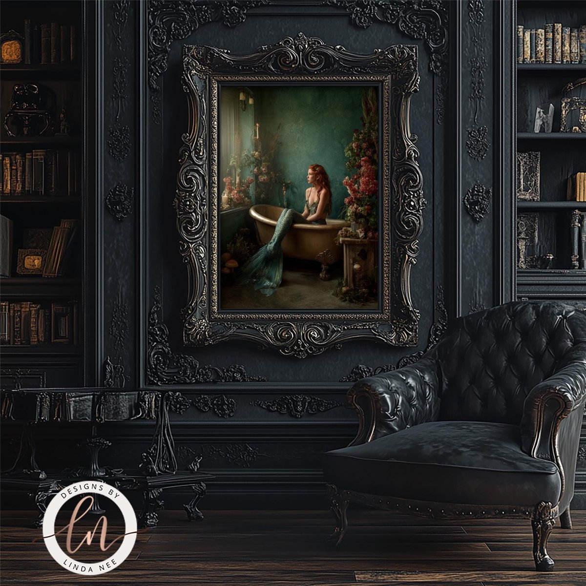 a painting of a mermaid sitting in a bathtub, surrounded by flowers and plants, with a dark, ornate frame. The painting is displayed on a wall in a room with a black leather chair and a bookshelf filled with books.