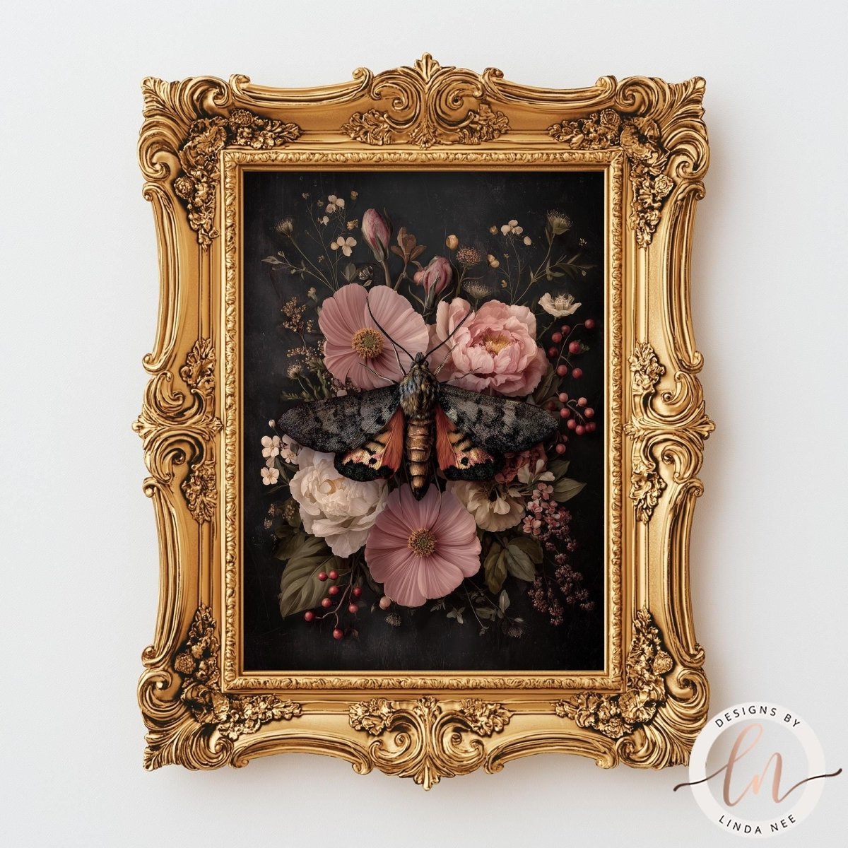 a framed painting of a butterfly resting on a floral arrangement.