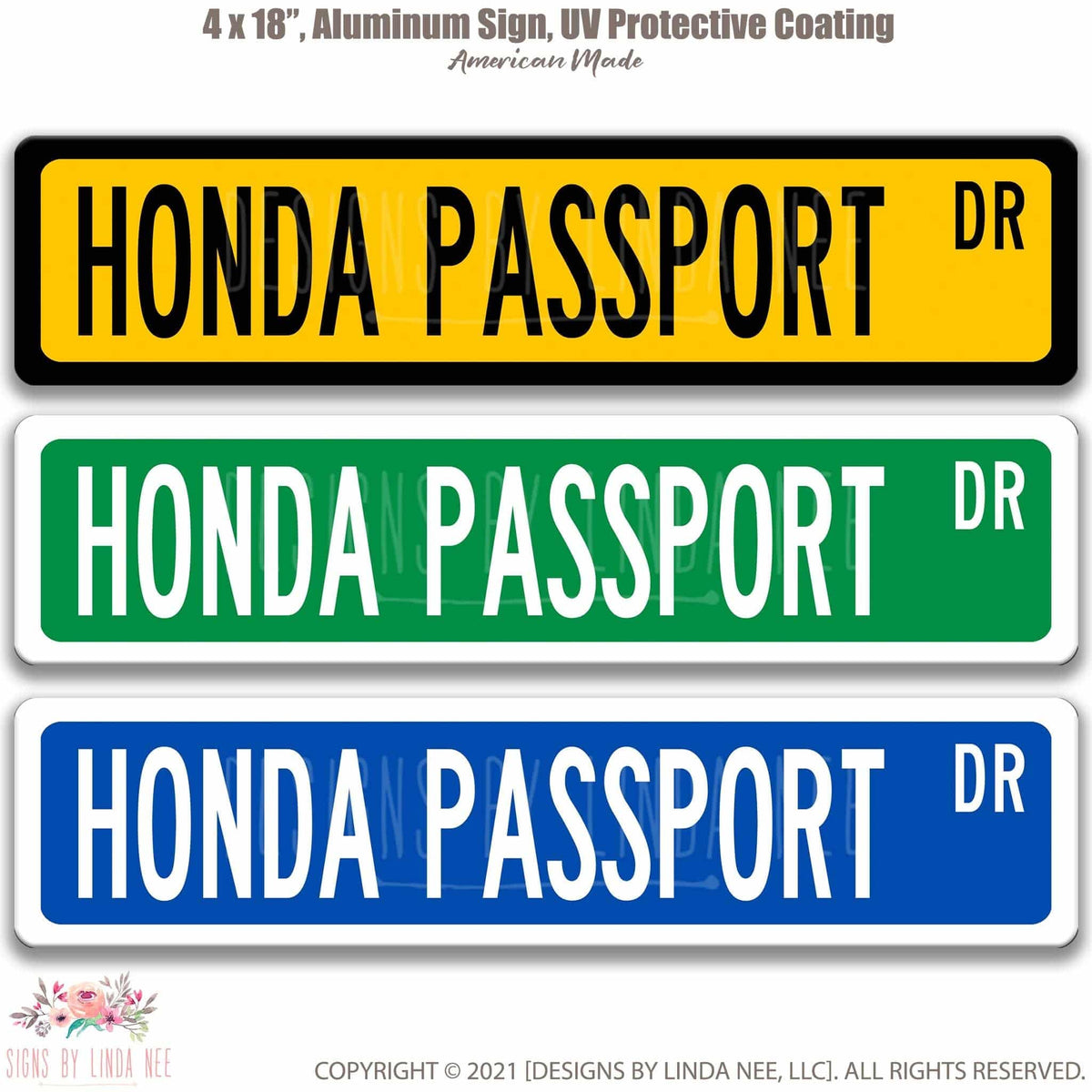 Honda Passport DR street name sign shown in three aluminum color options