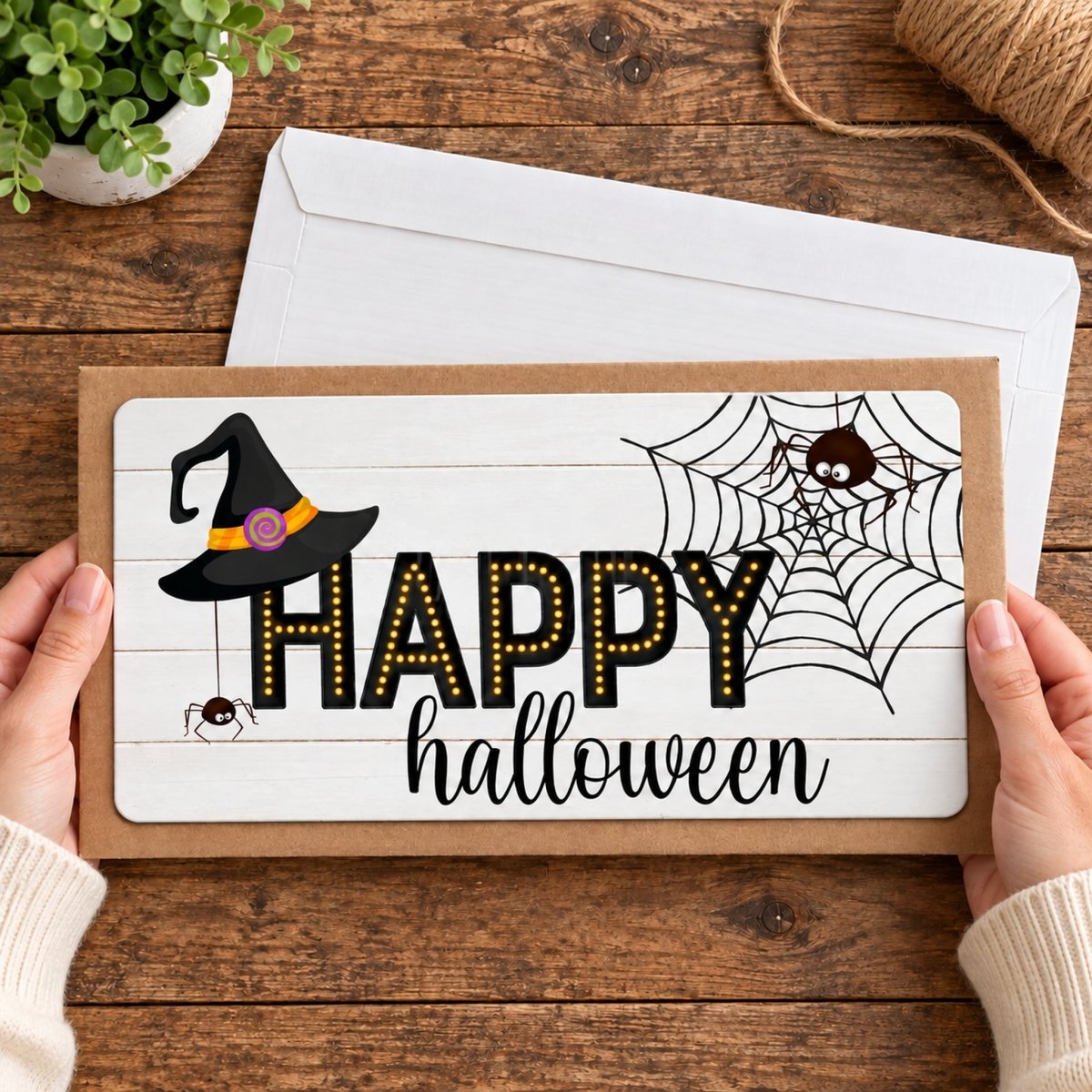 Witch Hat and Spider Happy Halloween sign held in hand to show size