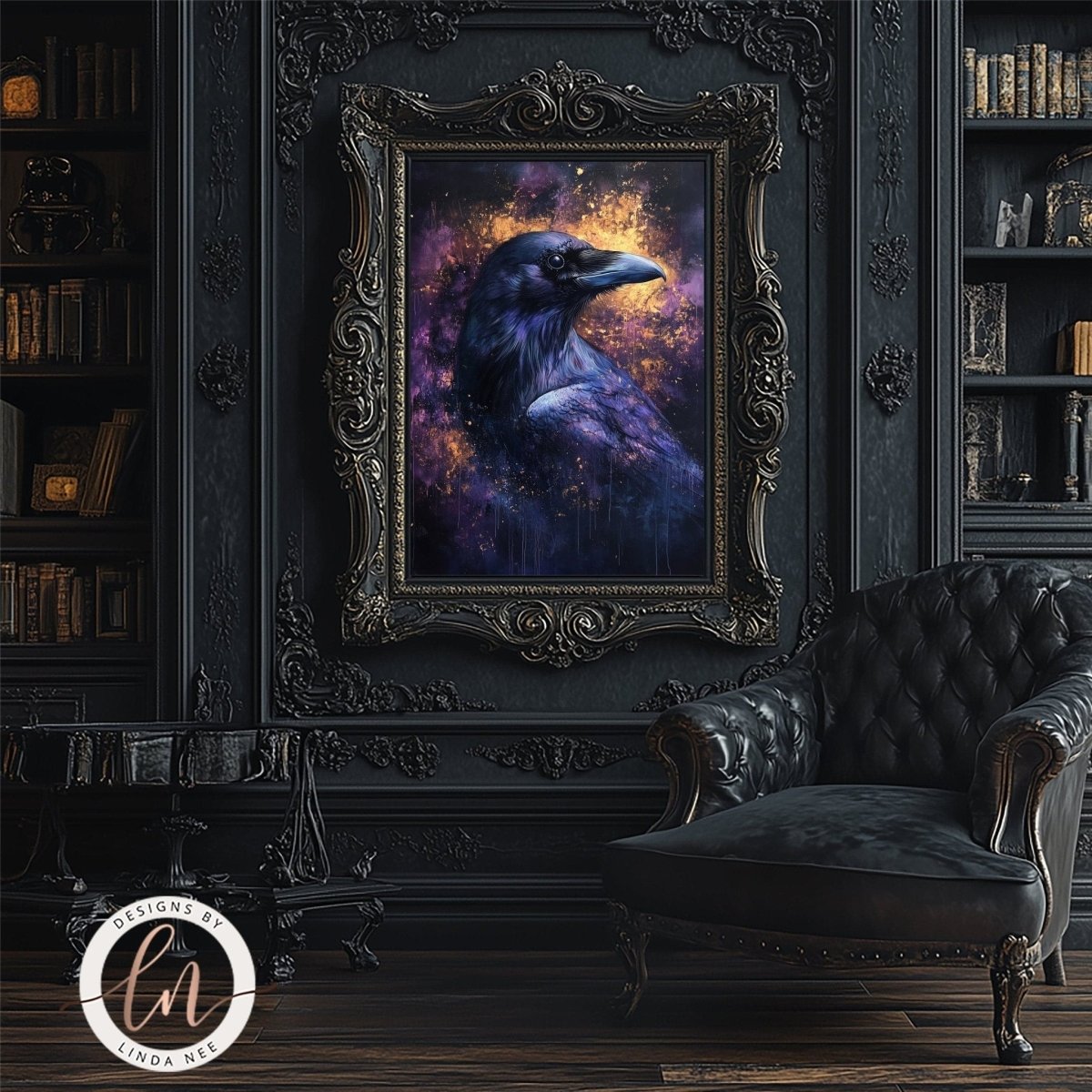 Cosmic raven print displayed in a gothic room with a leather chair