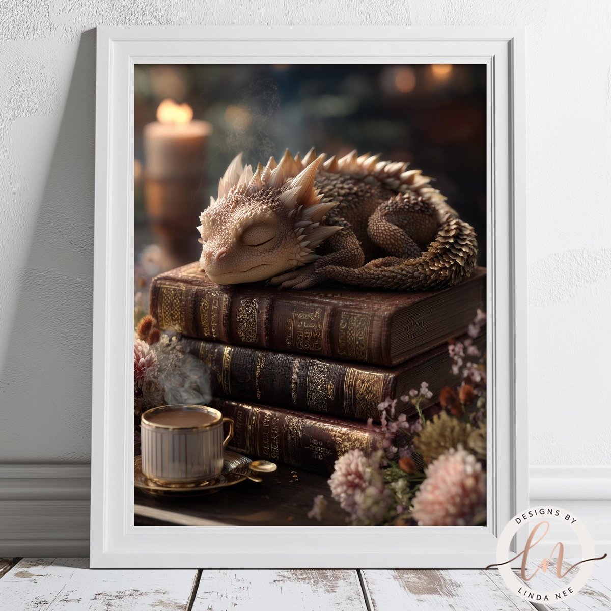 A framed image depicting a sleeping dragon resting on a stack of books, with a cup of tea nearby and flowers in the background.