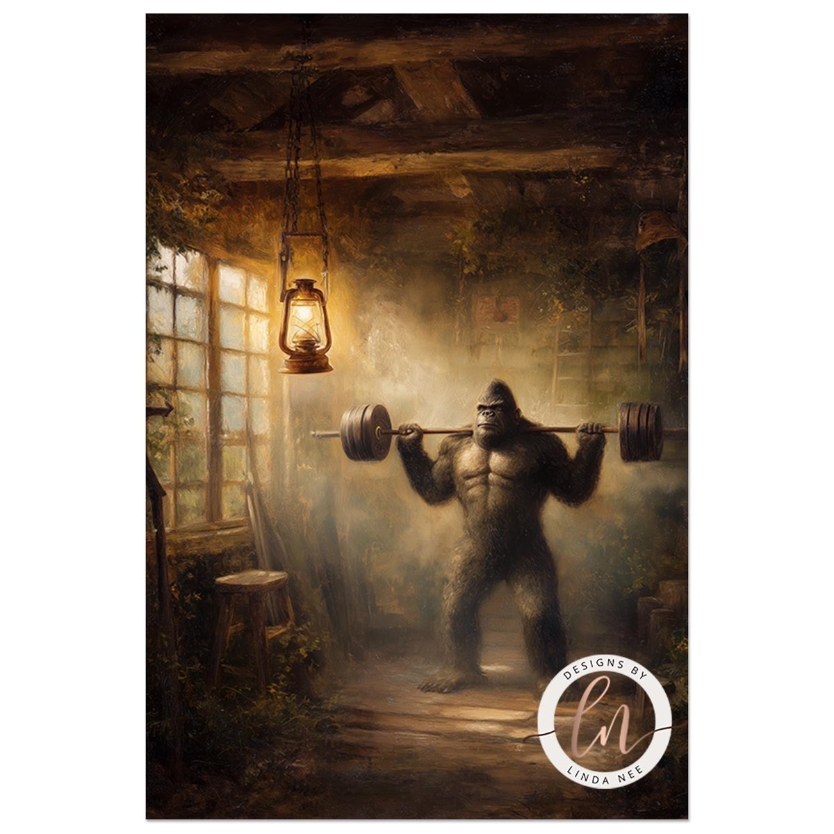 Bigfoot squat rack artwork in a dimly lit rustic gym
