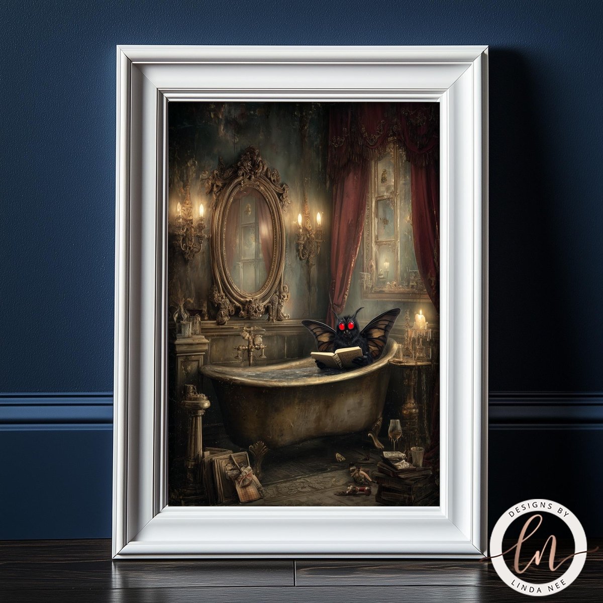 A framed image depicting a luxurious bathroom scene with a large bathtub, ornate mirror, and a butterfly resting on the edge of the tub.