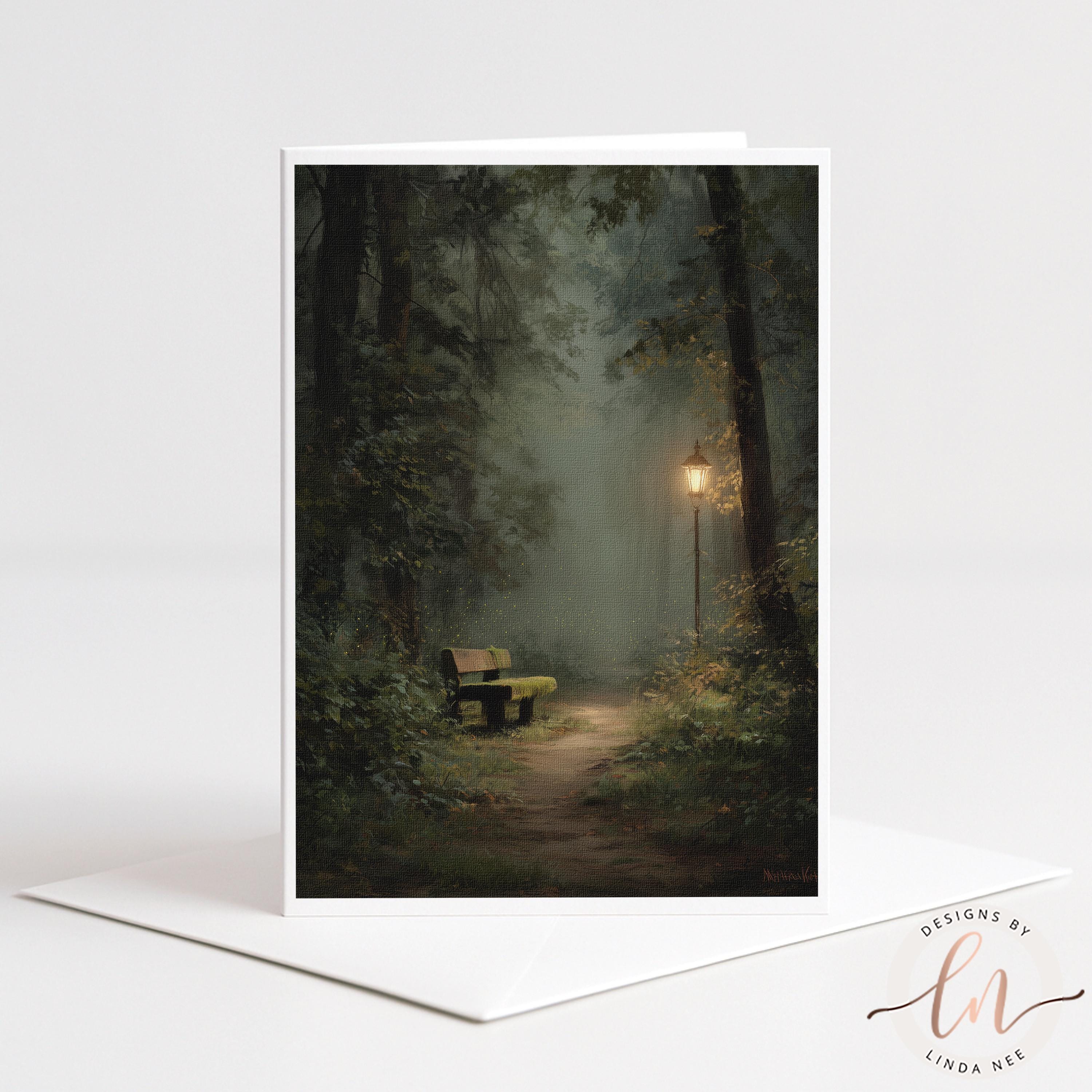 A serene forest scene with a bench illuminated by a lantern, surrounded by lush greenery and a misty atmosphere.