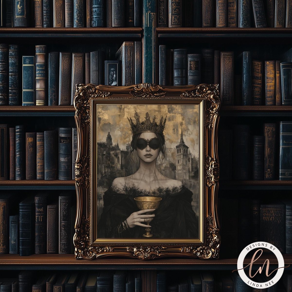 a woman wearing a crown and holding a golden chalice, set against a backdrop of a bookshelf filled with books.