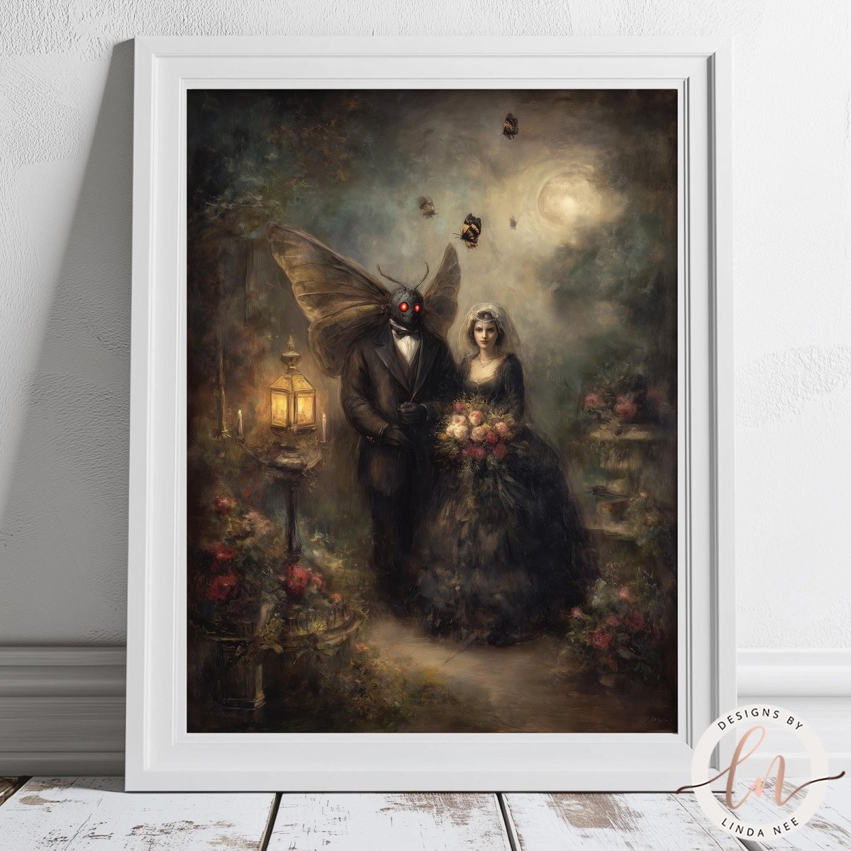 The image is a painting depicting a bride and groom standing in a garden, with a winged creature, possibly a fairy or dragon, hovering above them.