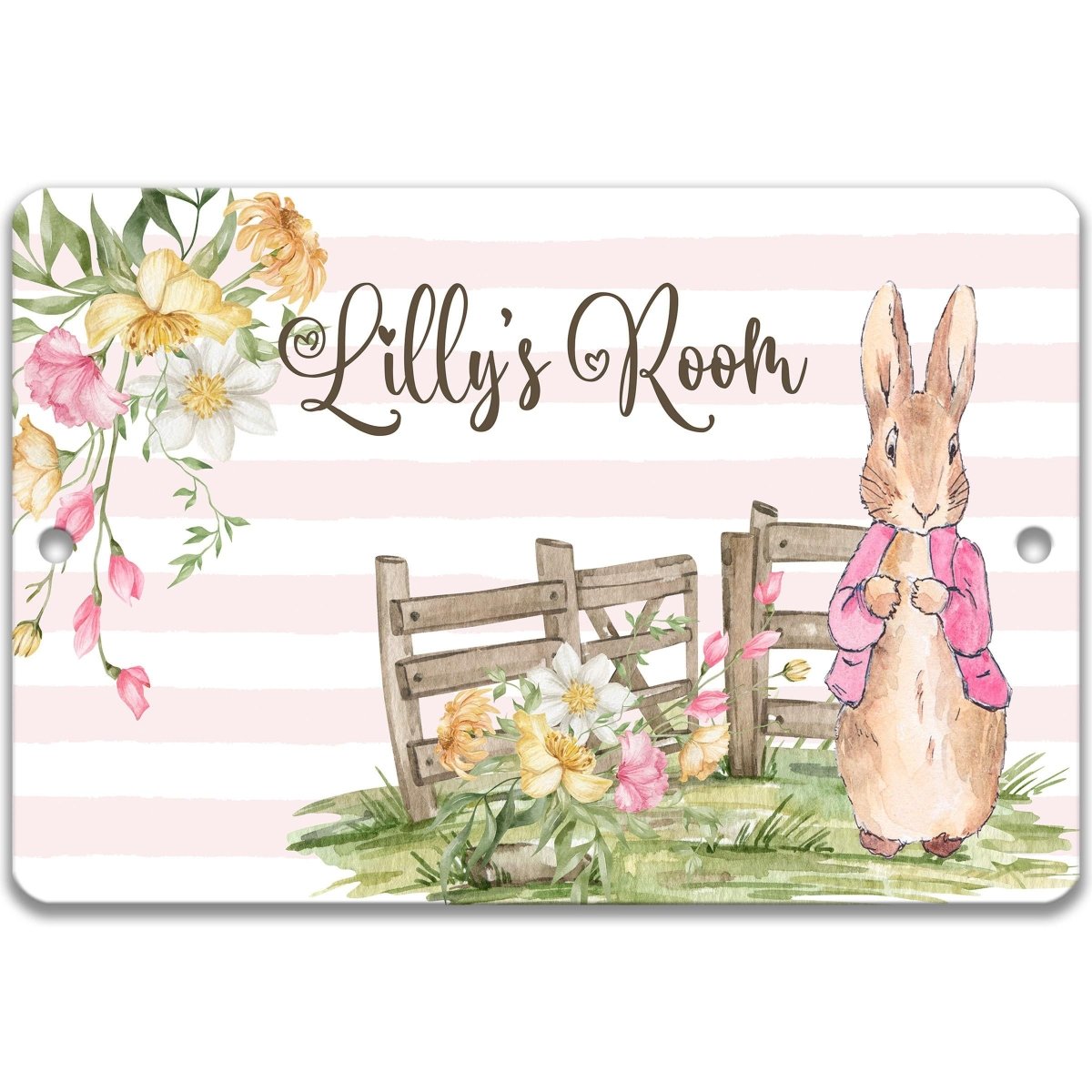 A sign with a bunny rabbit and flowers, along with the text "Lilly's Room" written on it.