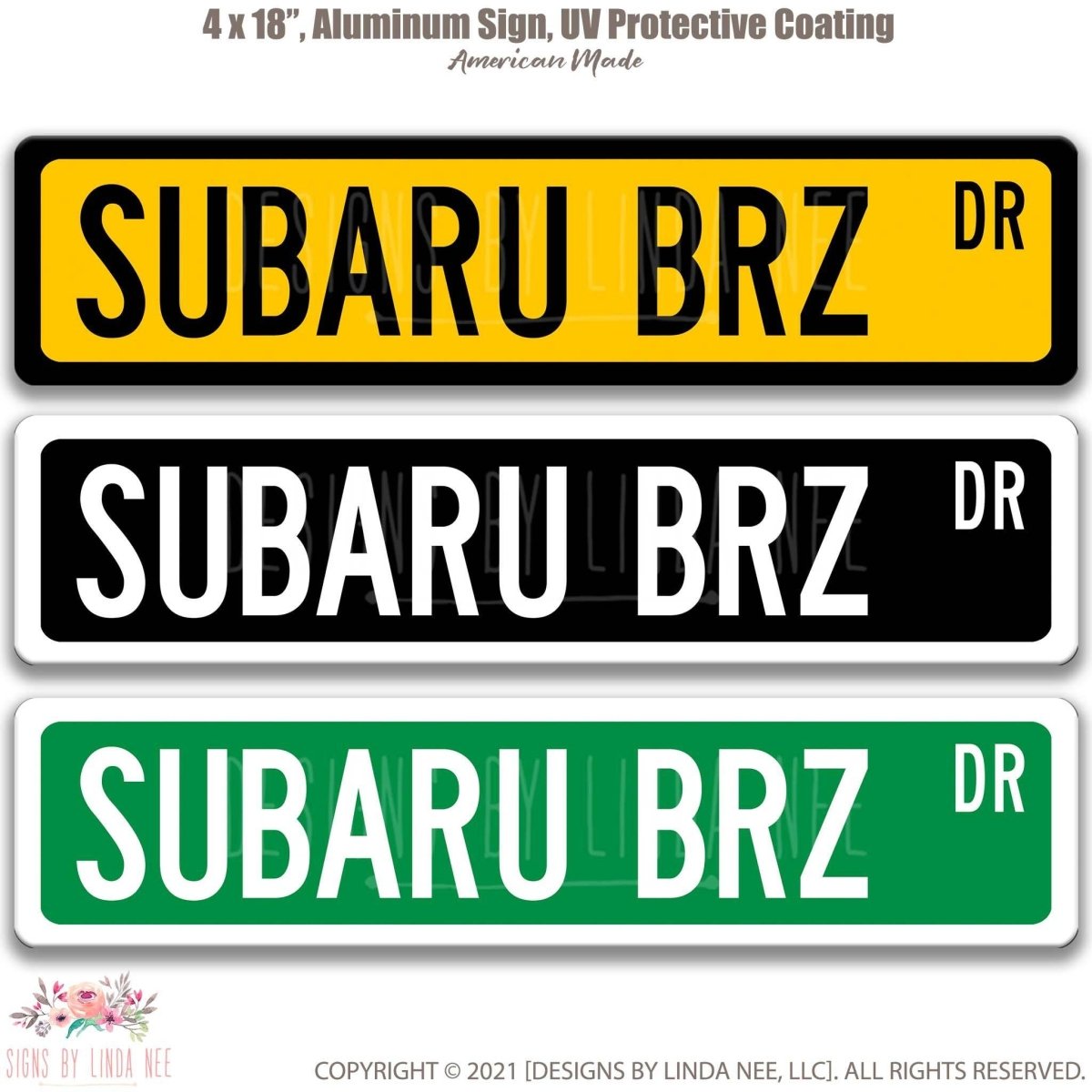 Subaru BRZ DR street name sign shown in three aluminum color options