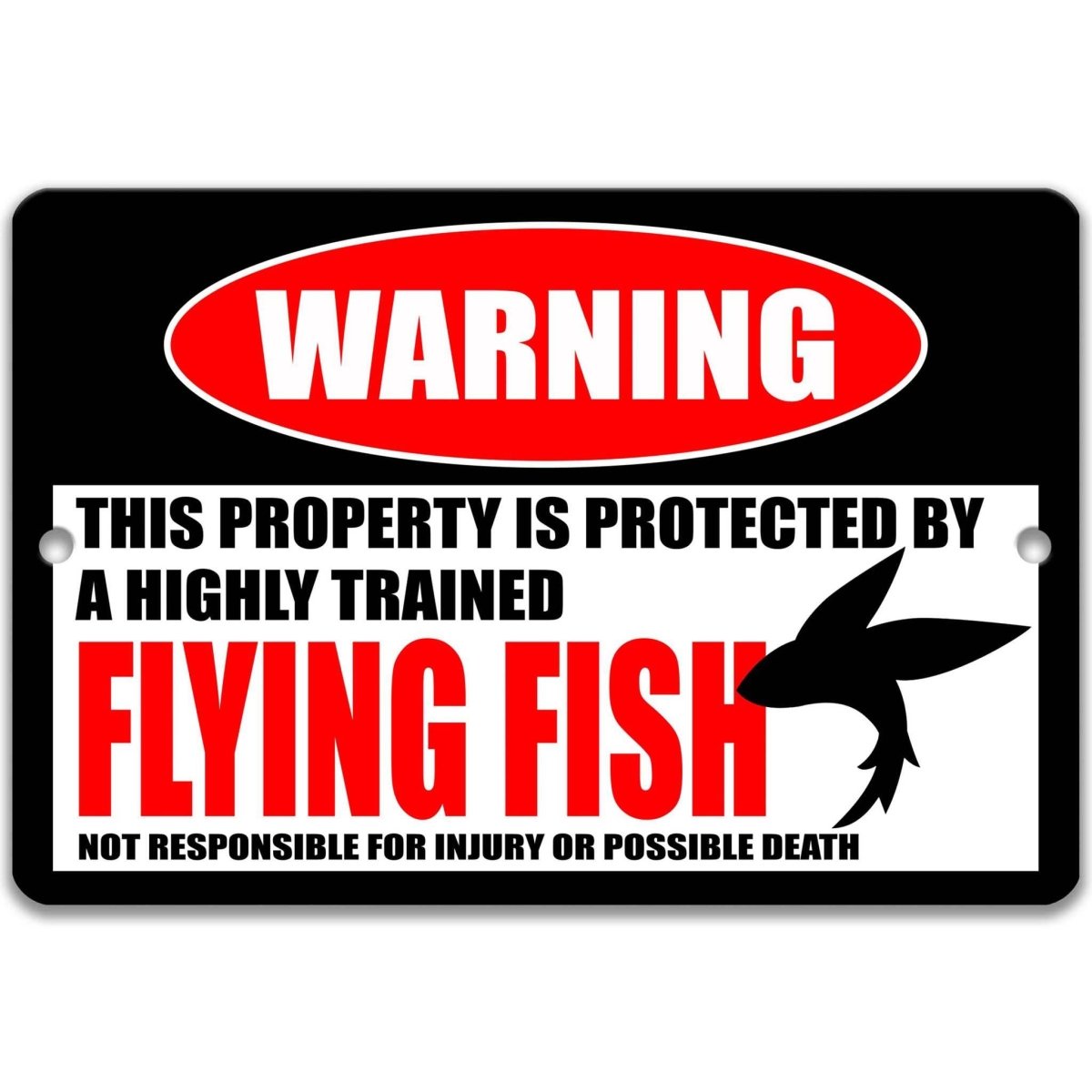 Flying fish warning metal sign, glossy black, red WARNING oval and winged flying fish silhouette