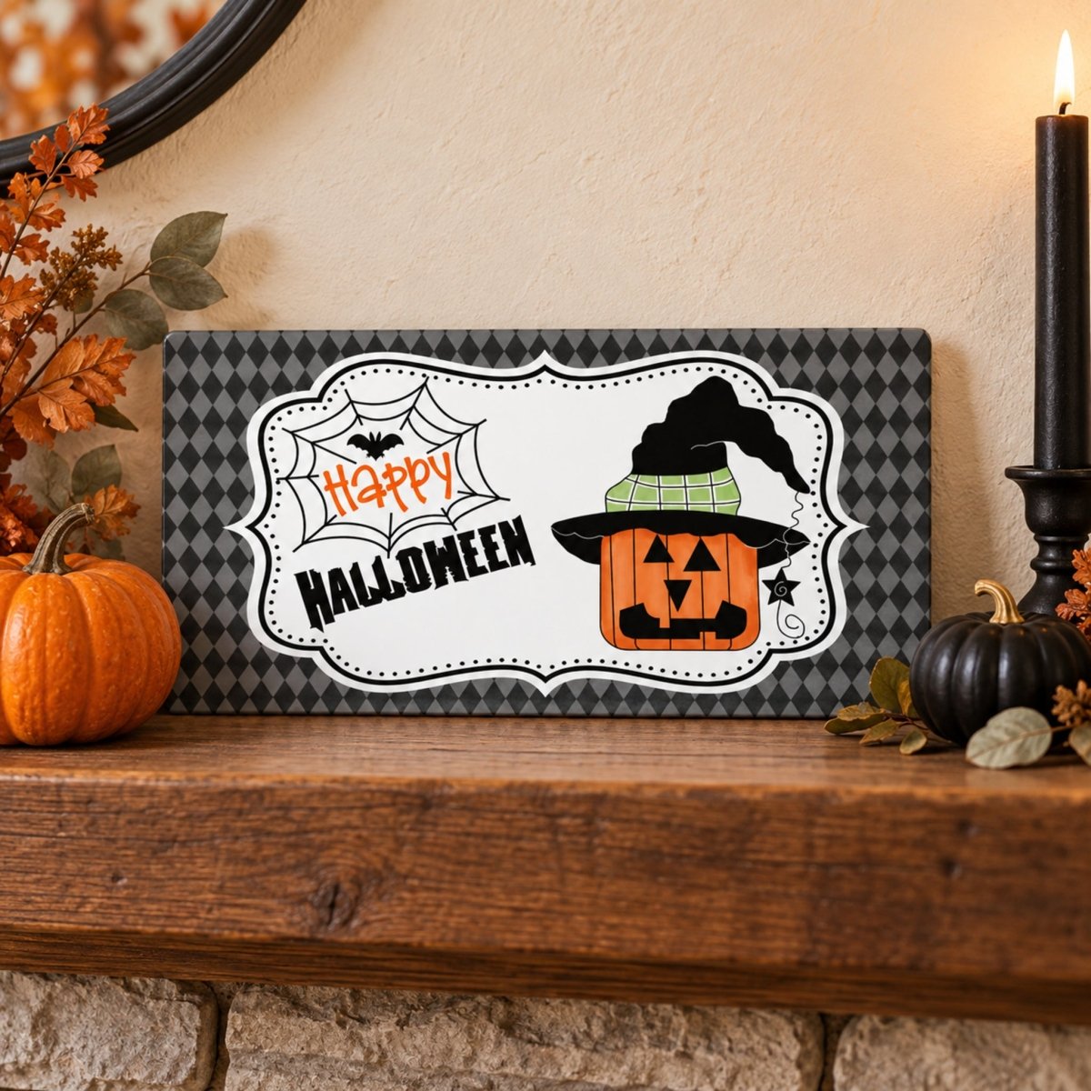 Jack O Lantern Witch Hat sign on a shelf with fall decor