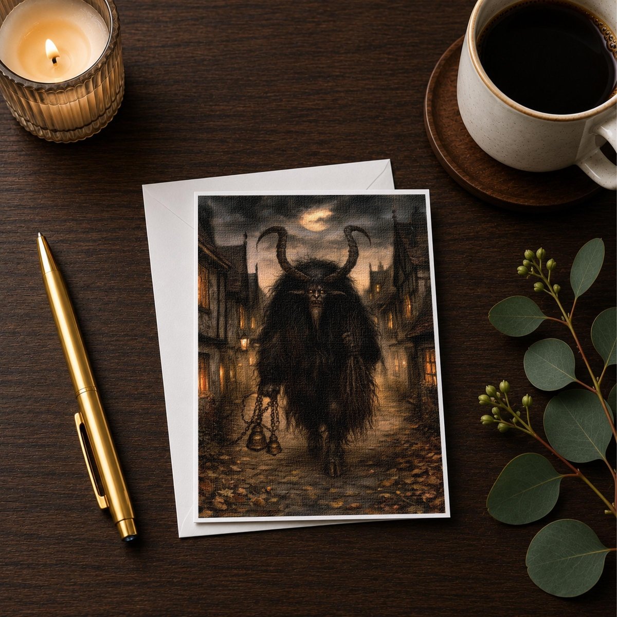 Krampus village note card styled with a candle, pen, and coffee