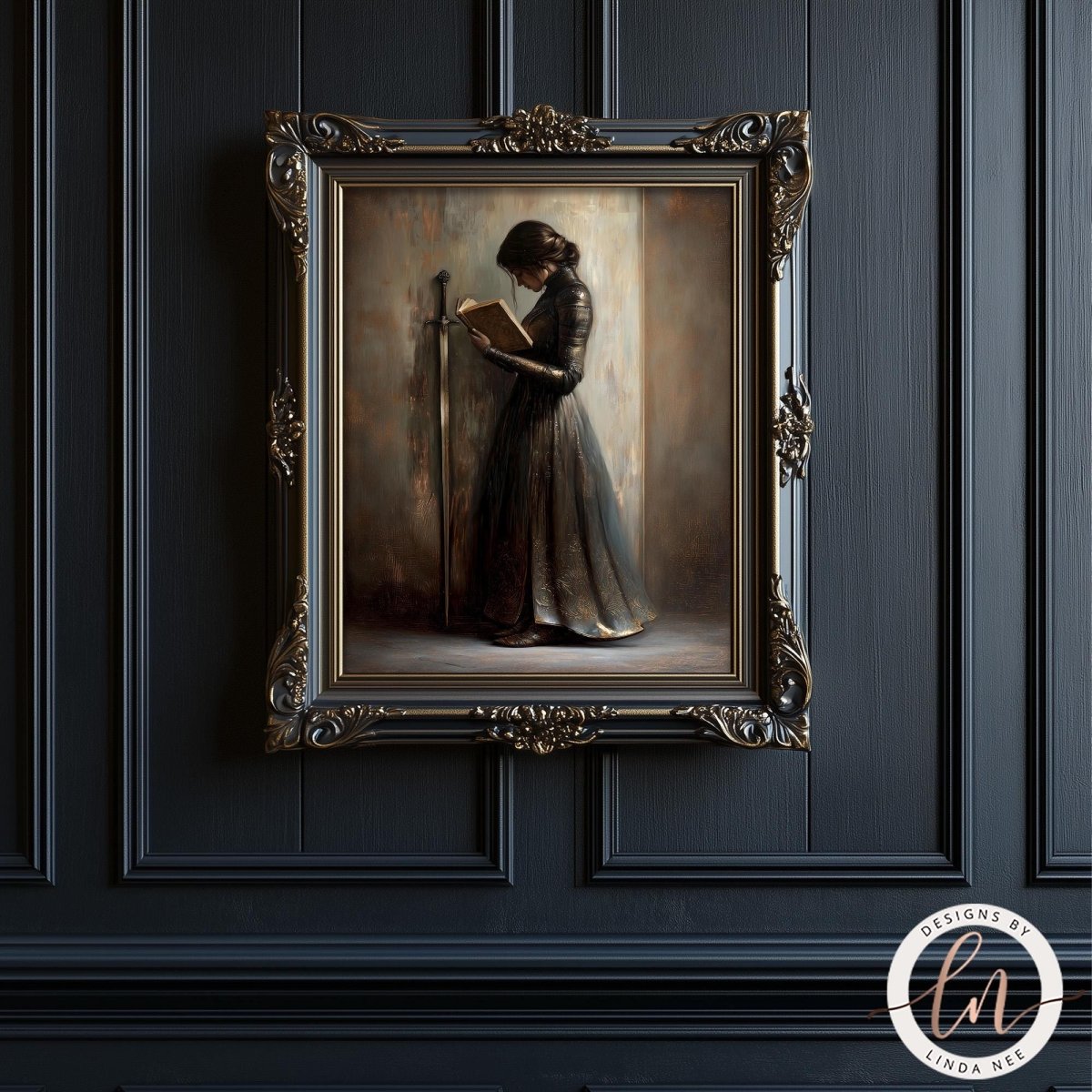 a painting of a woman in a long dress, holding a book and standing in a contemplative pose.