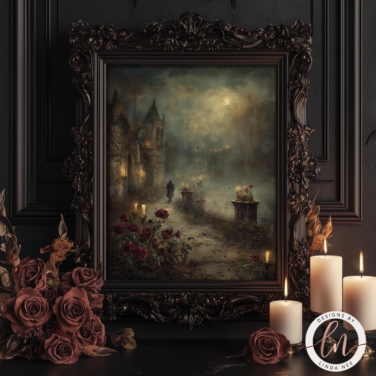 a dark, moody painting of a castle and a path leading to a cemetery, surrounded by candles and roses.