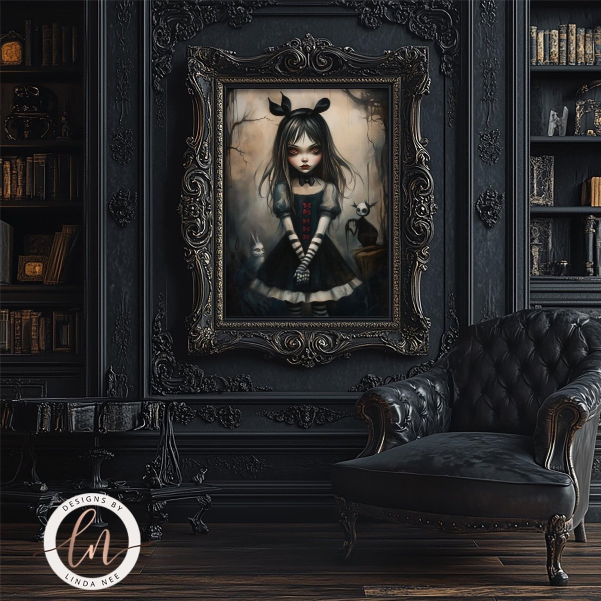 Gothic girl with cat and bird artwork displayed in a gothic room