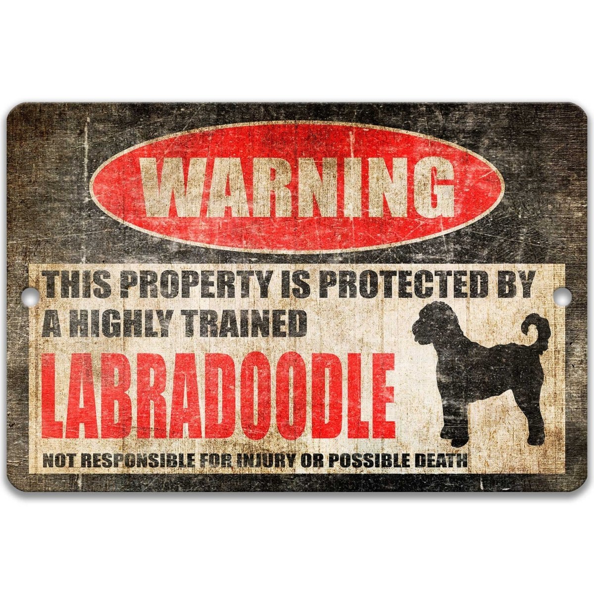 Labradoodle warning sign, red WARNING oval, this property is protected by a highly trained Labradoodle, with Labradoodle dog silhouette