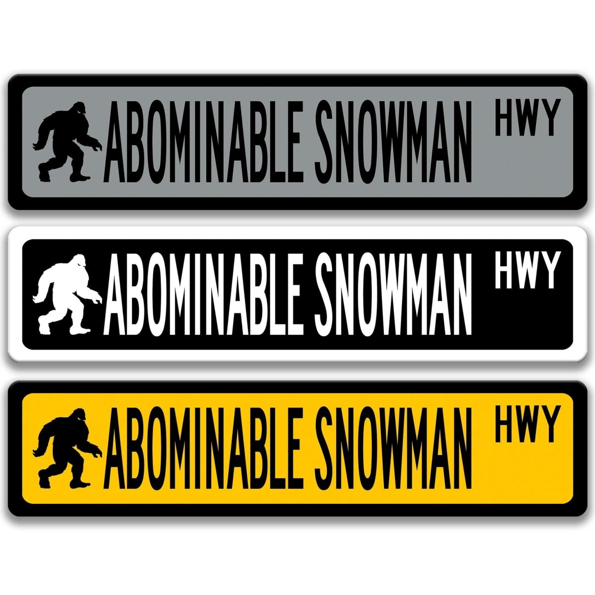 Abominable Snowman street name sign shown in three aluminum color options