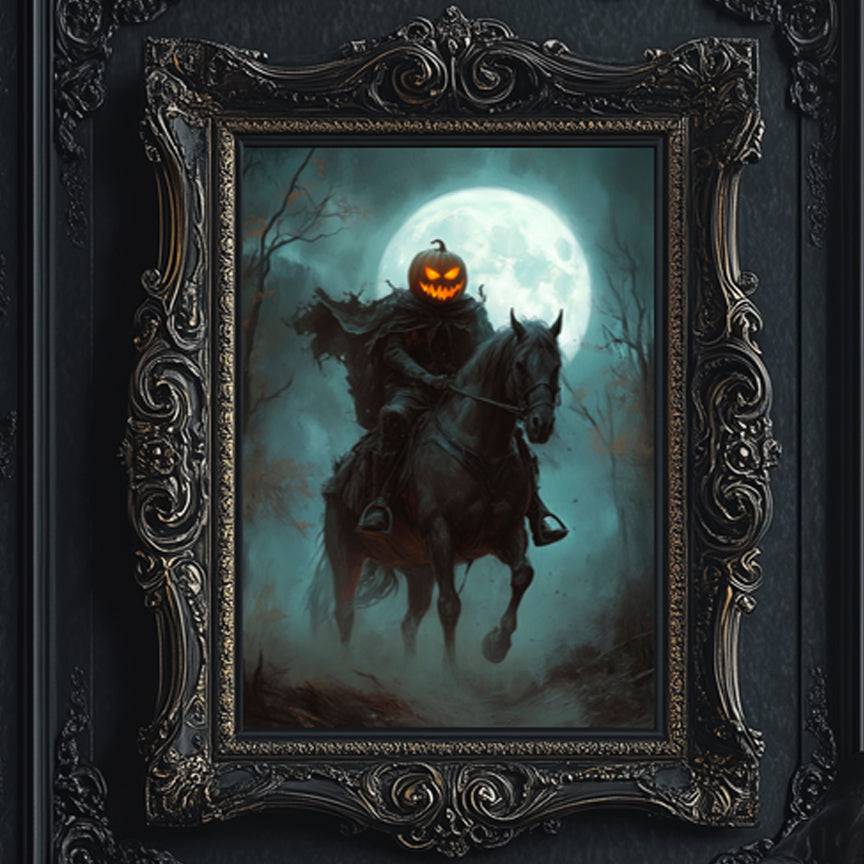 a Halloween-themed scene with a jack-o-lantern riding a horse under a full moon.