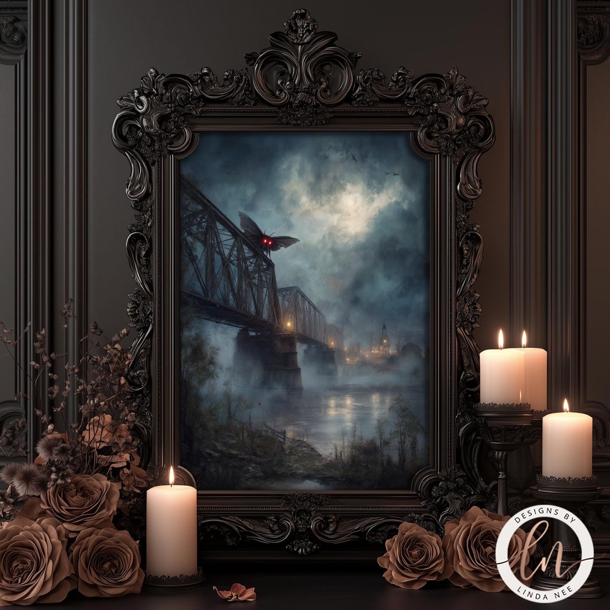 a dark, moody scene with a bridge, mist, and a bat flying over it. The scene is framed by an ornate, dark frame, and there are lit candles and flowers on either side of the frame.