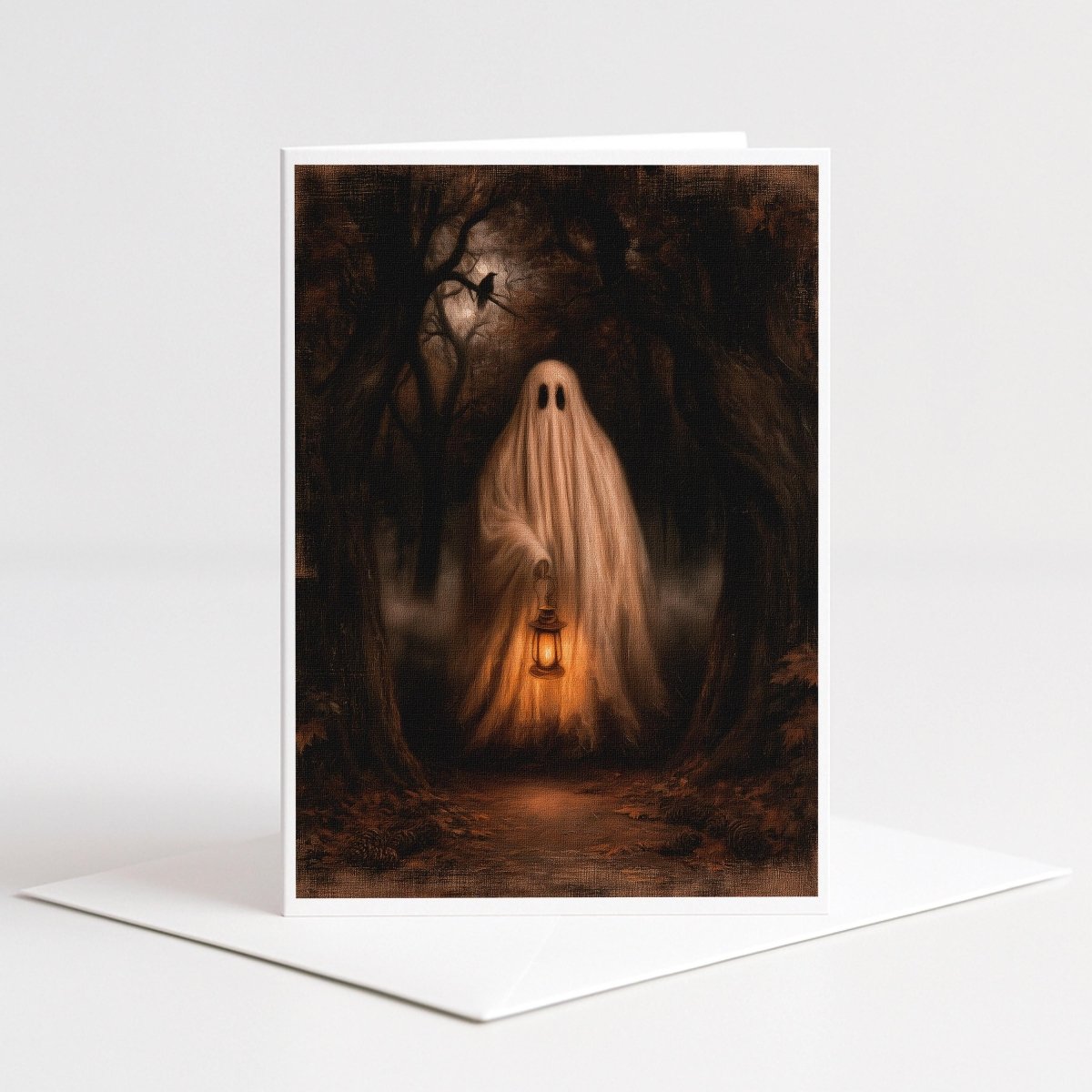 Ghost carrying a glowing lantern through a dark misty forest, vintage style Halloween note card art