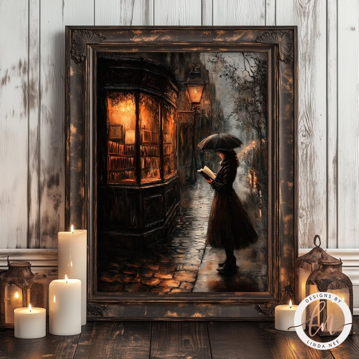 Woman reading under an umbrella illuminated by a shop window