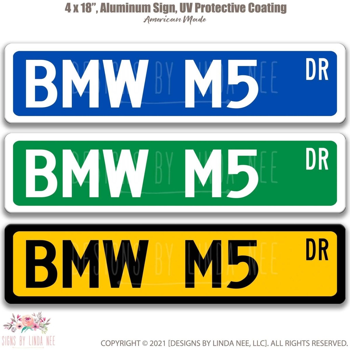 BMW M5 DR street name sign shown in three aluminum color options